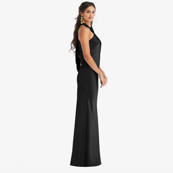NWT L - Dessy Group - draped twist halter tie-back trumpet gown in black - Picture 3 of 5